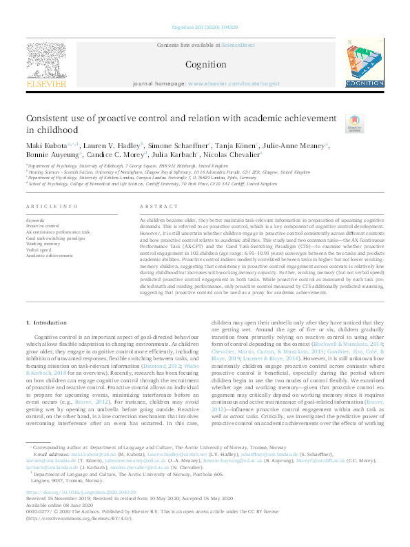 Consistent use of proactive control and relation with academic achievement in childhood Thumbnail