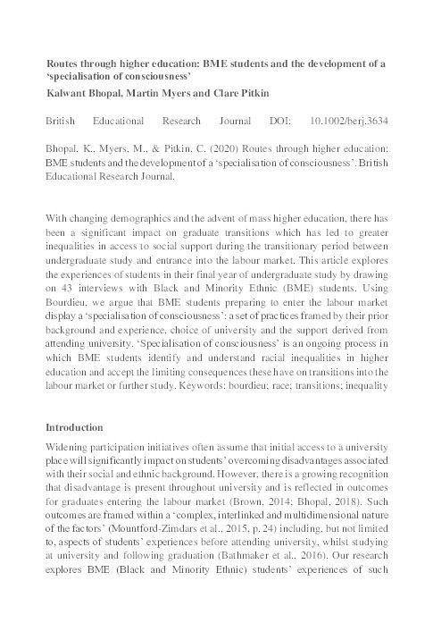 Routes through higher education: BME students and the development of a ‘specialisation of consciousness’ Thumbnail