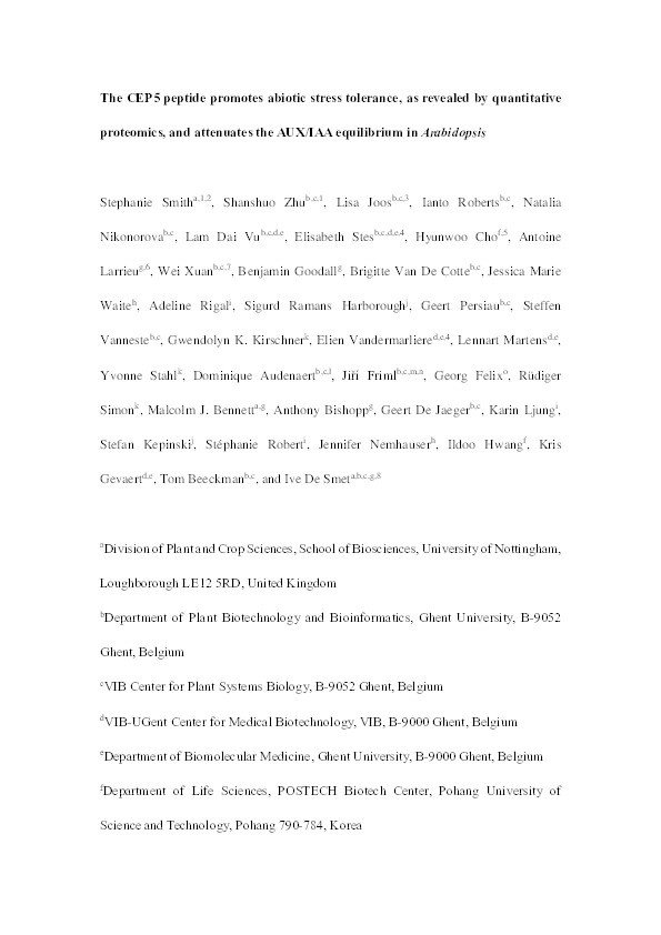 The CEP5 peptide promotes abiotic stress tolerance, as revealed by quantitative  proteomics, and attenuates the AUX/IAA equilibrium in Arabidopsis Thumbnail