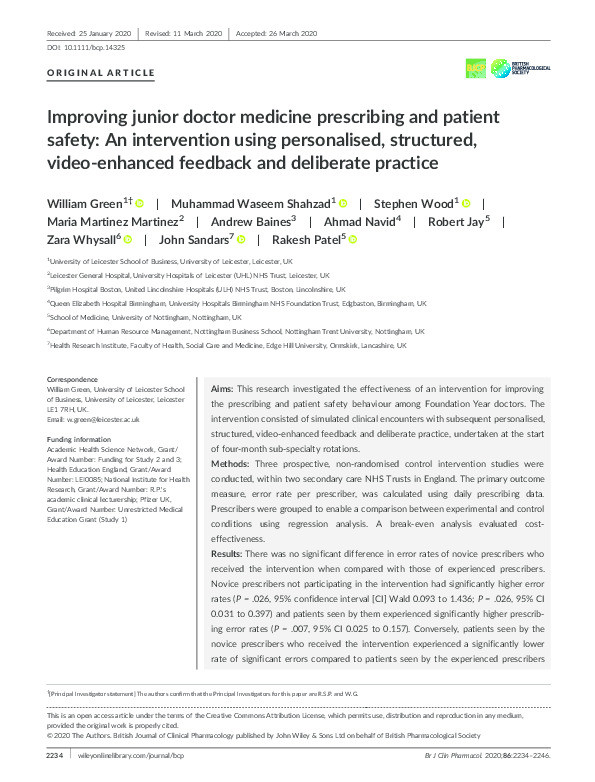 Improving junior doctor medicine prescribing and patient safety: an intervention using personalised, structured, video?enhanced feedback and deliberate practice Thumbnail