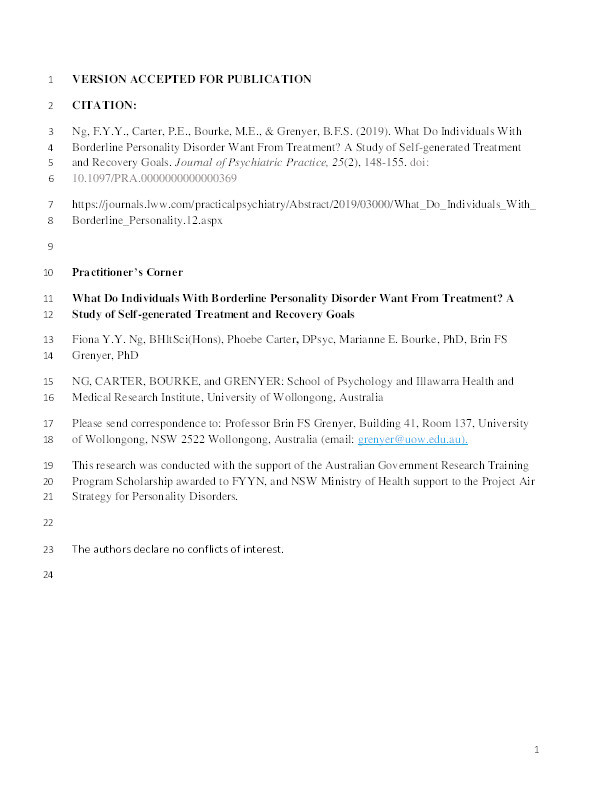 What Do Individuals With Borderline Personality Disorder Want From Treatment? A Study of Self-generated Treatment and Recovery Goals Thumbnail