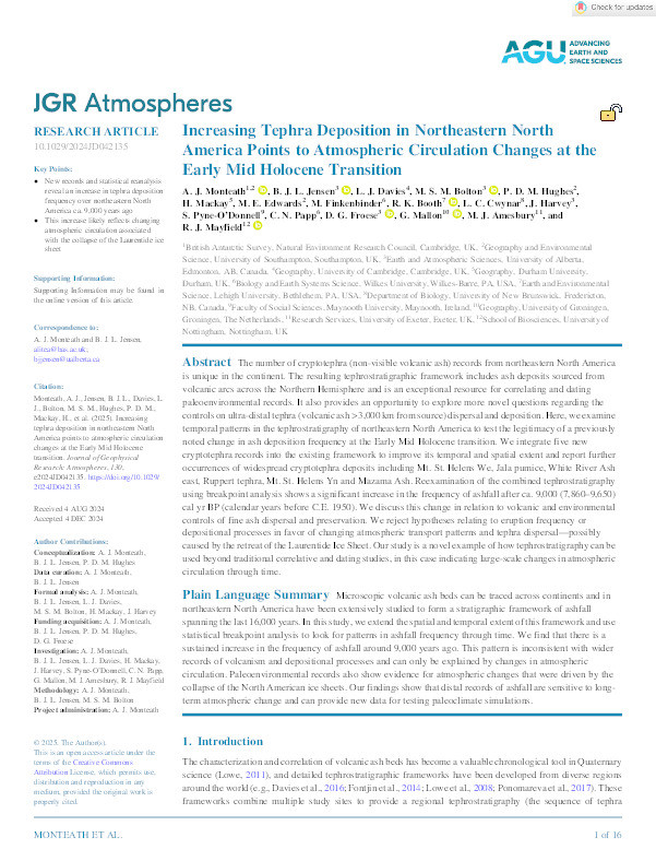 Increasing Tephra Deposition in Northeastern North America Points to Atmospheric Circulation Changes at the Early Mid Holocene Transition Thumbnail