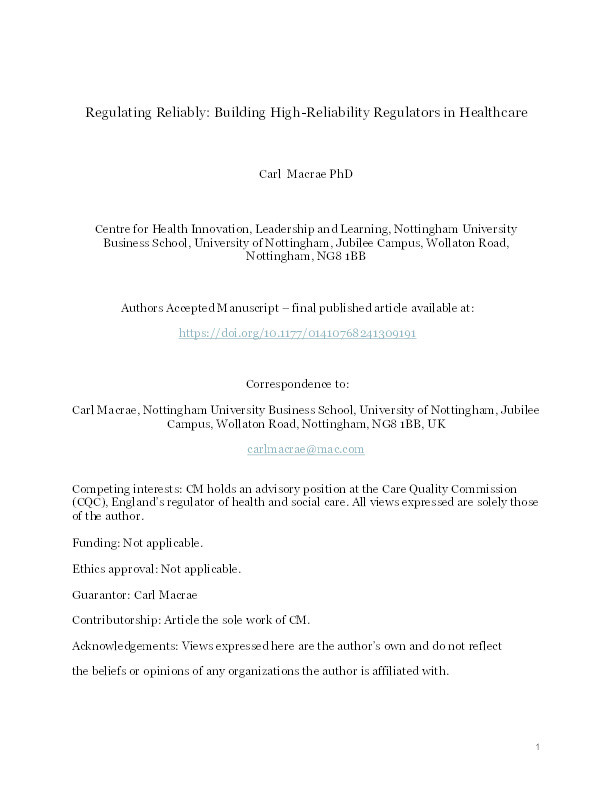 Regulating reliably: building high-reliability regulators in healthcare Thumbnail
