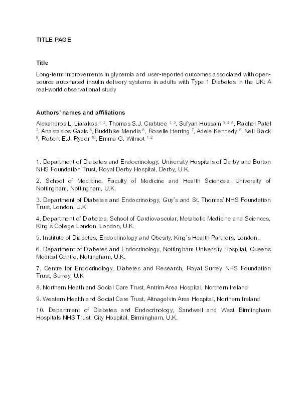 Long-Term Improvements in Glycemia and User-Reported Outcomes Associated with Open-Source Automated Insulin Delivery Systems in Adults with Type 1 Diabetes in the United Kingdom: A Real-World Observational Study Thumbnail