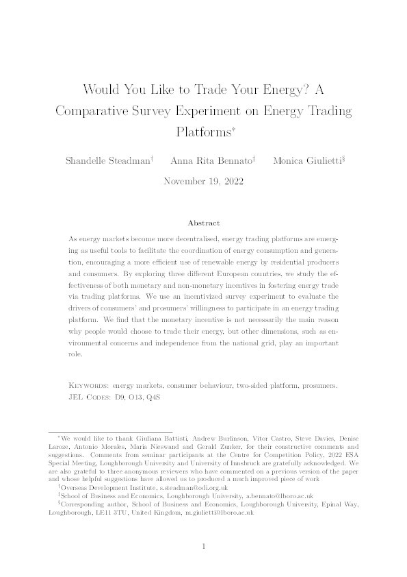 Would You Like to Trade Your Energy? A Comparative Survey Experiment on Energy Trading Platforms Thumbnail