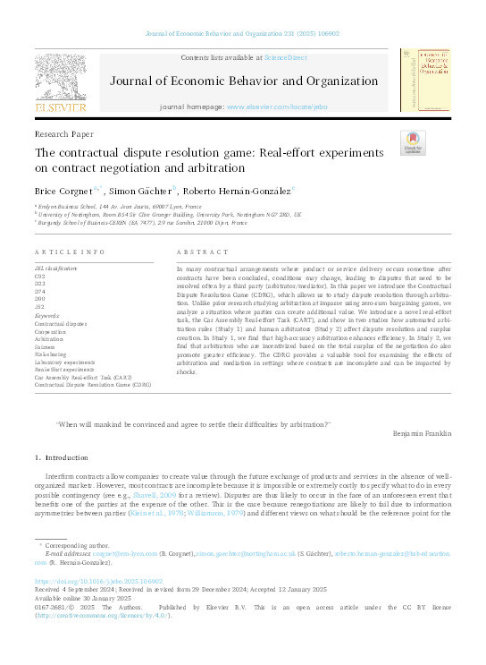 The contractual dispute resolution game: Real-effort experiments on contract negotiation and arbitration Thumbnail
