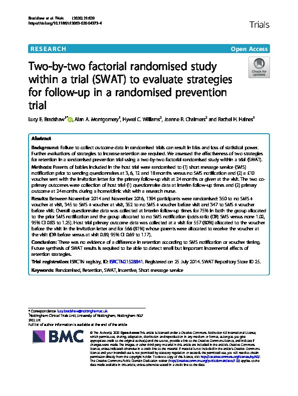 Two-by-two factorial randomised study within a trial (SWAT) to evaluate strategies for follow-up in a randomised prevention trial Thumbnail
