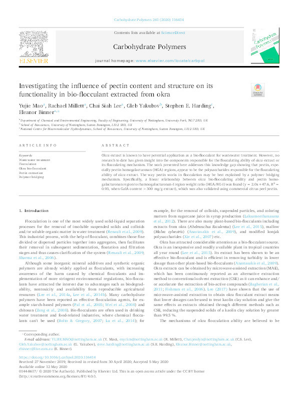 Investigating the influence of pectin content and structure on its functionality in bio-flocculant extracted from okra Thumbnail