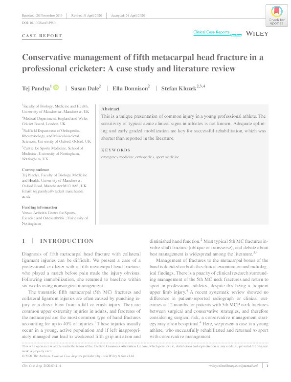 Conservative management of fifth metacarpal head fracture in a professional cricketer: A case study and literature review Thumbnail