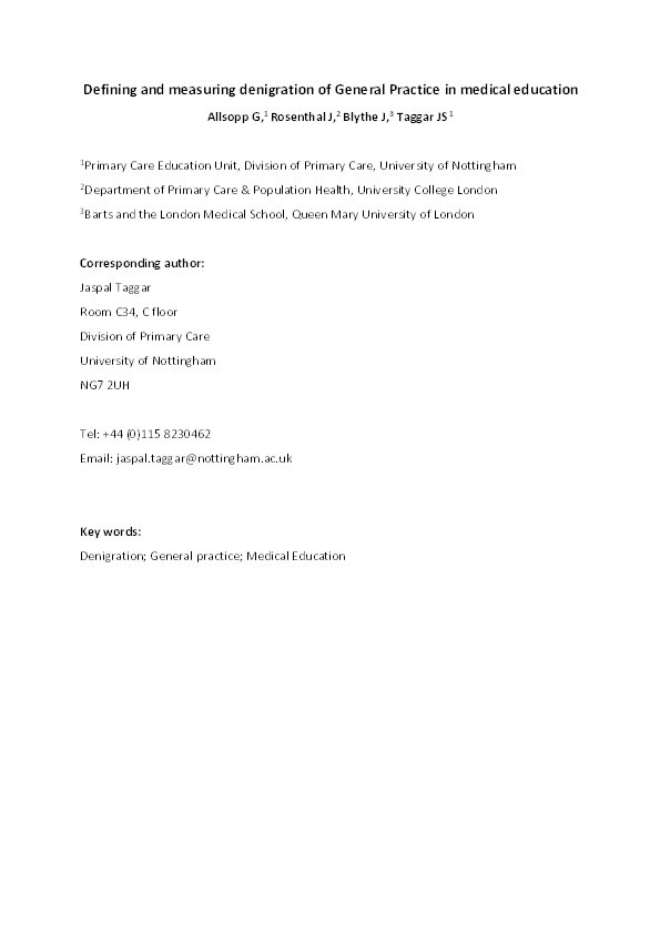 Defining and measuring denigration of general practice in medical education Thumbnail