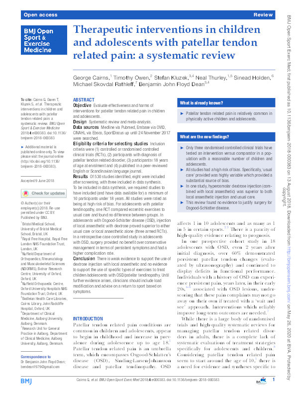 Therapeutic interventions in children and adolescents with patellar tendon related pain: a systematic review Thumbnail