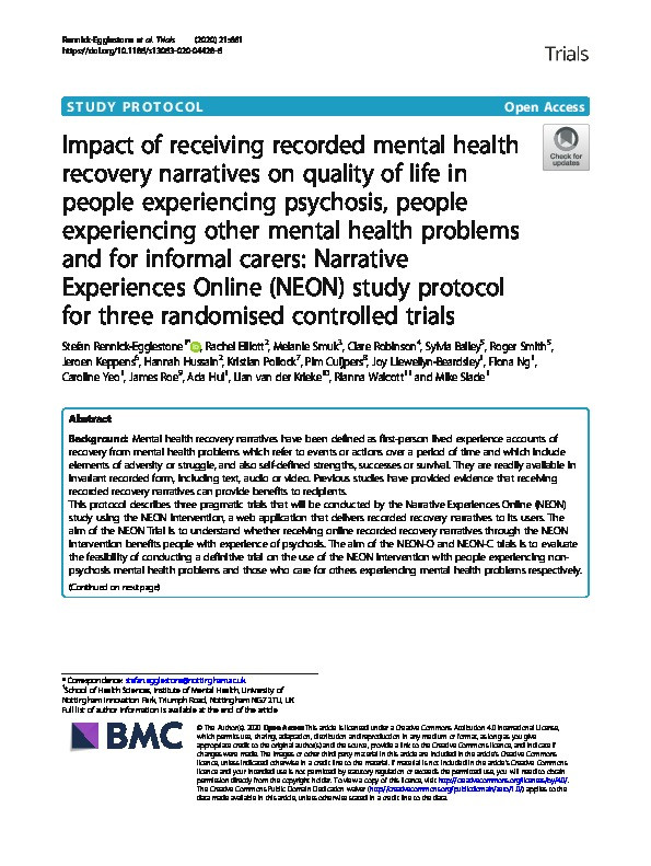 Impact of receiving recorded mental health recovery narratives on quality of life in people experiencing psychosis, people experiencing other mental health problems and for informal carers: Narrative Experiences Online (NEON) study protocol for three randomised controlled trials Thumbnail