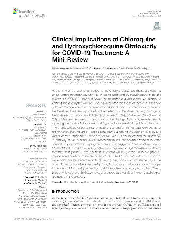 Clinical implications of chloroquine and hydroxychloroquine ototoxicity for COVID-19 treatment: A mini-review Thumbnail