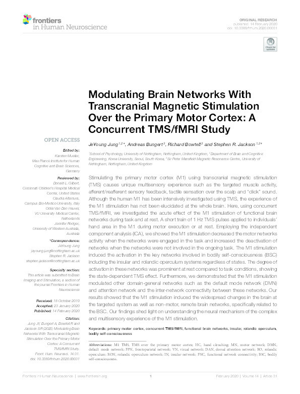 Modulating Brain Networks With Transcranial Magnetic Stimulation Over the Primary Motor Cortex: A Concurrent TMS/fMRI Study Thumbnail