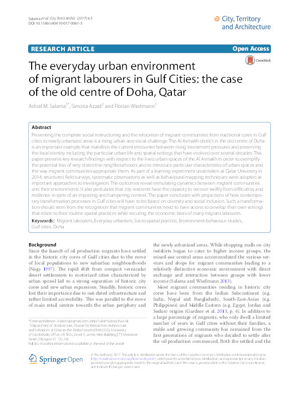 The everyday urban environment of migrant labourers in Gulf Cities: the case of the old centre of Doha, Qatar Thumbnail