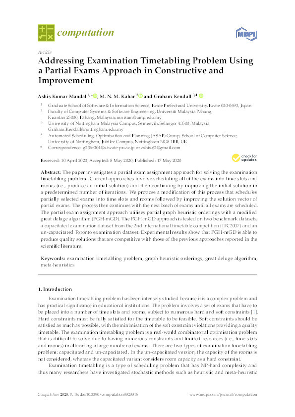 Addressing Examination Timetabling Problem Using a Partial Exams Approach in Constructive and Improvement Thumbnail