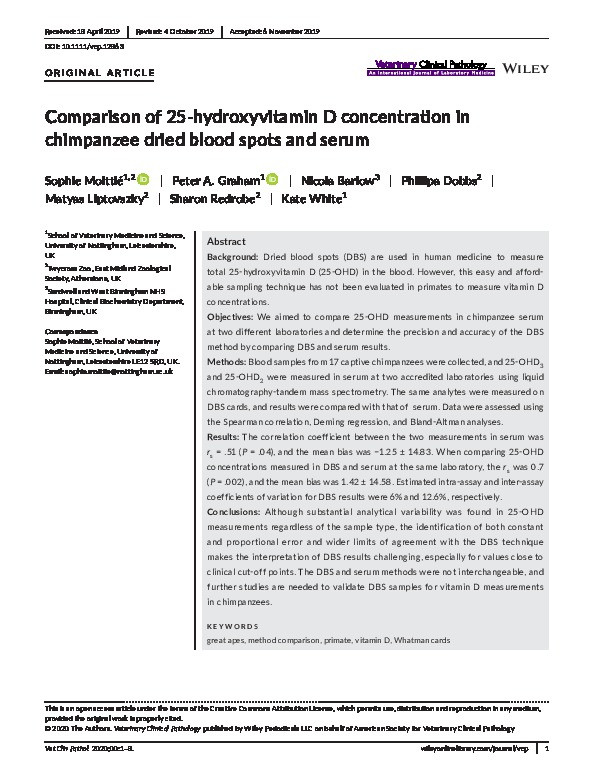 Comparison of 25?hydroxyvitamin D concentration in chimpanzee dried blood spots and serum Thumbnail