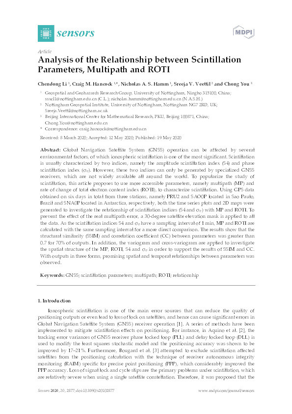 Analysis of the relationship between scintillation parameters, multipath and ROTI Thumbnail