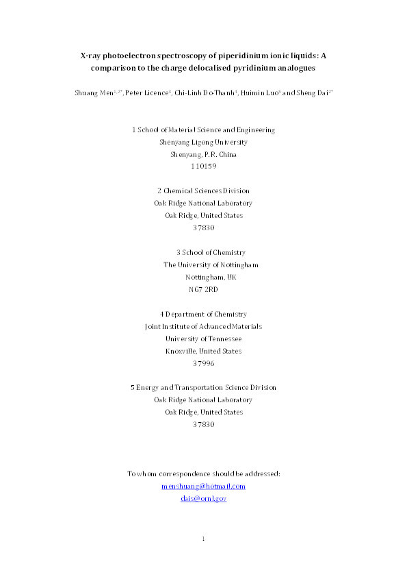 X-ray photoelectron spectroscopy of piperidinium ionic liquids: a comparison to the charge delocalised pyridinium analogues Thumbnail