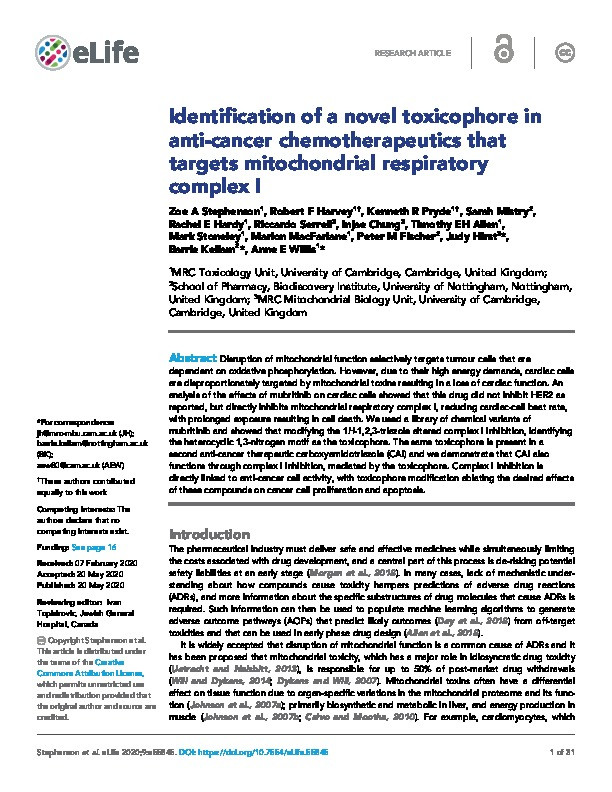 Identification of a novel toxicophore in anti-cancer chemotherapeutics that targets mitochondrial respiratory complex I Thumbnail
