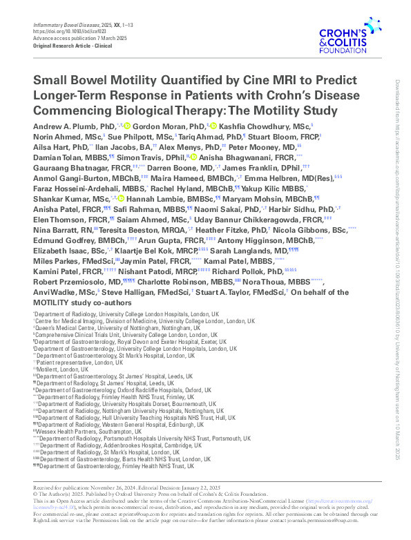 Small bowel motility quantified by cine MRI to predict longer term response in patients with Crohn’s disease commencing biological therapy: The Motility study Thumbnail