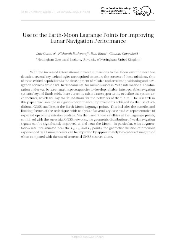 Use of the Earth-Moon Lagrange Points for Improving Lunar Navigation Performance Thumbnail