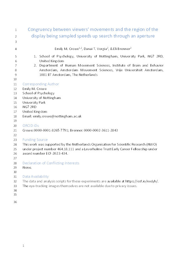Congruency between viewers’ movements and the region of the display being sampled speeds up search through an aperture Thumbnail