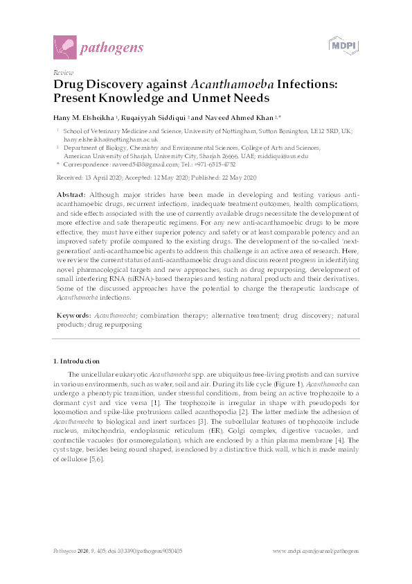 Drug discovery against acanthamoeba infections: Present knowledge and unmet needs Thumbnail