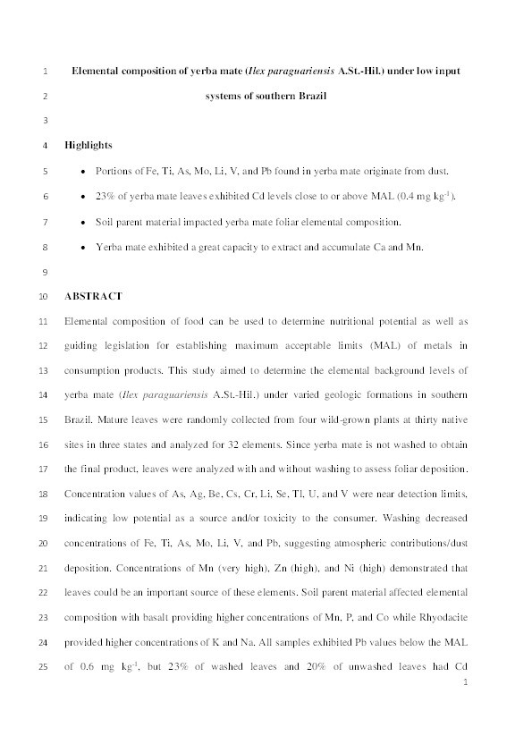 Elemental composition of yerba mate (Ilex paraguariensis A.St.-Hil.) under low input systems of southern Brazil Thumbnail