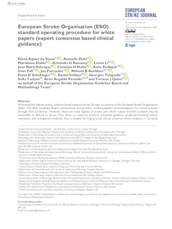 European Stroke Organisation (ESO) standard operating procedure for white papers (expert consensus based clinical guidance) Thumbnail