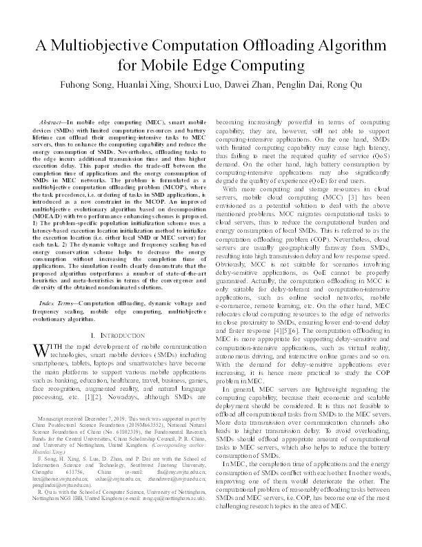 A Multiobjective Computation Offloading Algorithm for Mobile Edge Computing Thumbnail