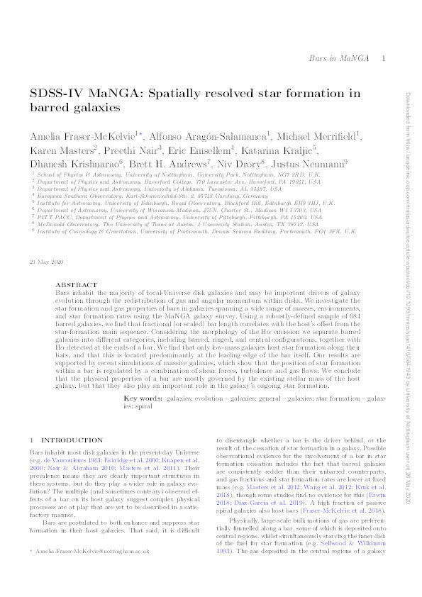 SDSS-IV MaNGA: spatially resolved star formation in barred galaxies Thumbnail