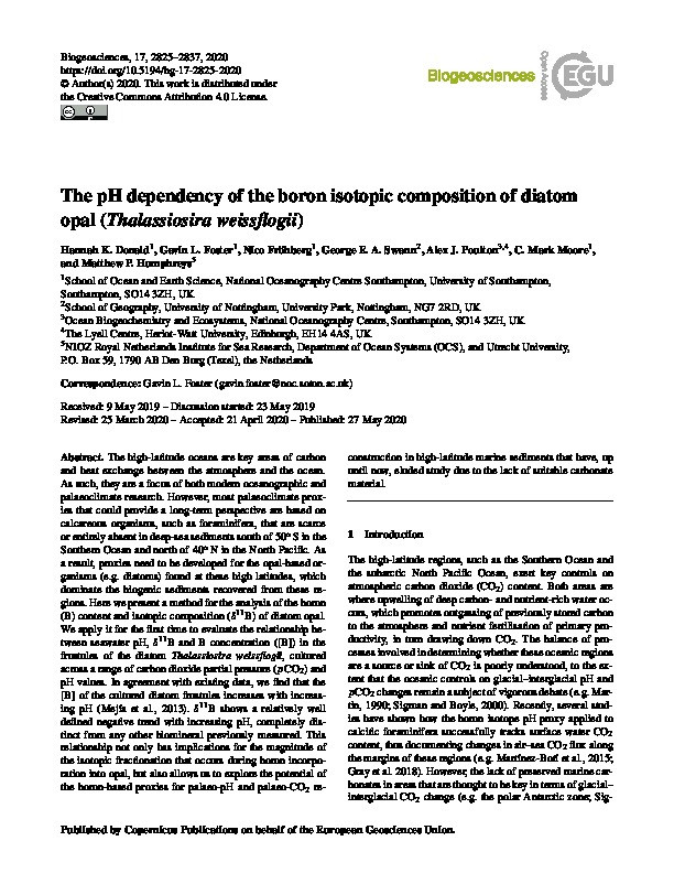 The pH dependency of the boron isotopic composition of diatom opal (Thalassiosira weissflogii) Thumbnail