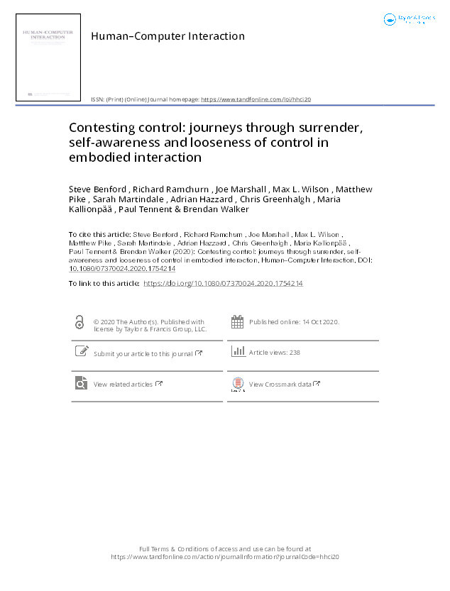 Contesting control: journeys through surrender, self-awareness and looseness of control in embodied interaction Thumbnail