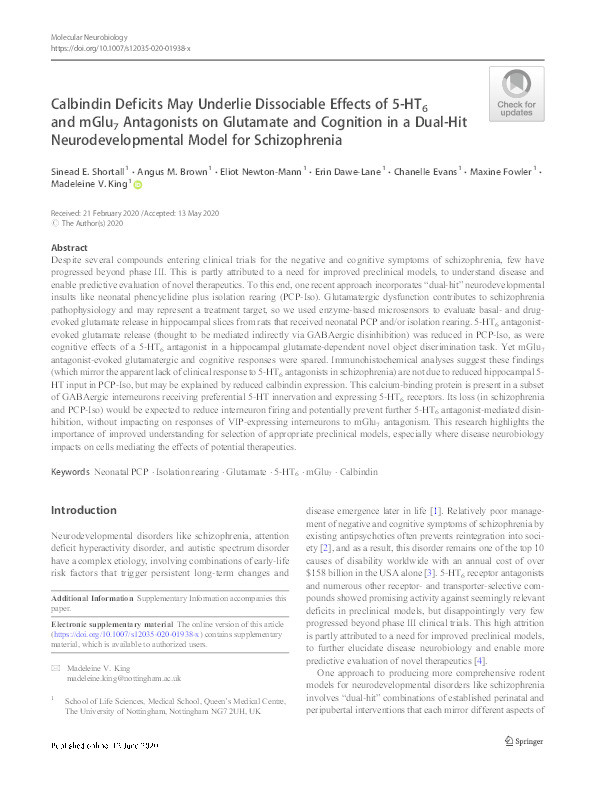 Calbindin Deficits May Underlie Dissociable Effects of 5-HT6 and mGlu7 Antagonists on Glutamate and Cognition in a Dual-Hit Neurodevelopmental Model for Schizophrenia Thumbnail