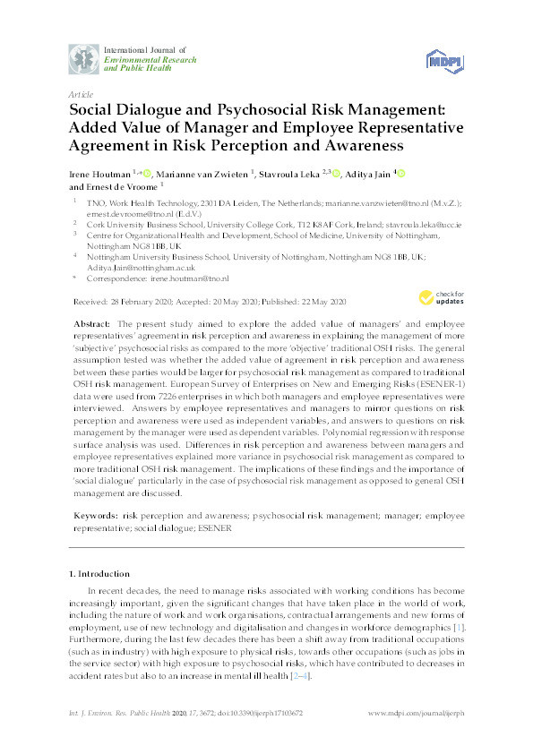 Social Dialogue and Psychosocial Risk Management: Added Value of Manager and Employee Representative Agreement in Risk Perception and Awareness Thumbnail