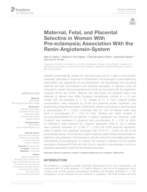 Maternal, fetal and placental selectins in women with pre-eclampsia: association with the renin-angiotensin-system Thumbnail