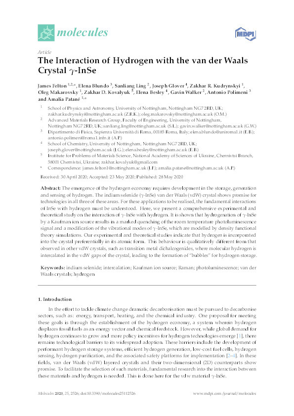 The Interaction of Hydrogen with the van der Waals Crystal ?-InSe Thumbnail