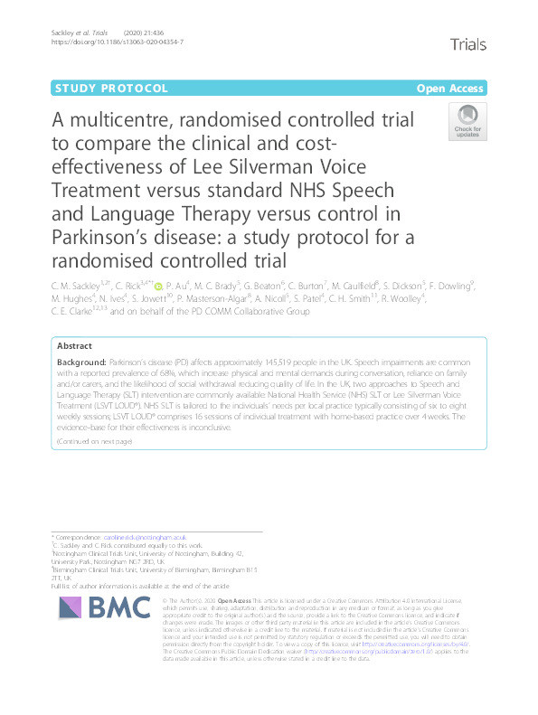 A multicentre, randomised controlled trial to compare the clinical and cost-effectiveness of Lee Silverman Voice Treatment versus standard NHS Speech and Language Therapy versus control in Parkinson’s disease: a study protocol for a randomised controlled trial Thumbnail