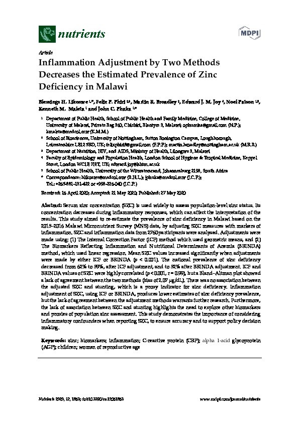 Inflammation Adjustment by Two Methods Decreases the Estimated Prevalence of Zinc Deficiency in Malawi Thumbnail