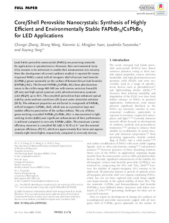 Core/Shell Perovskite Nanocrystals: Synthesis of Highly Efficient and Environmentally Stable FAPbBr3/CsPbBr3 for LED Applications Thumbnail