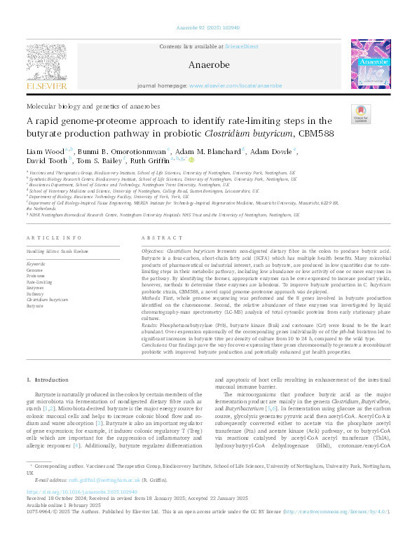 A rapid genome-proteome approach to identify rate-limiting steps in the butyrate production pathway in probiotic Clostridium butyricum, CBM588. Thumbnail