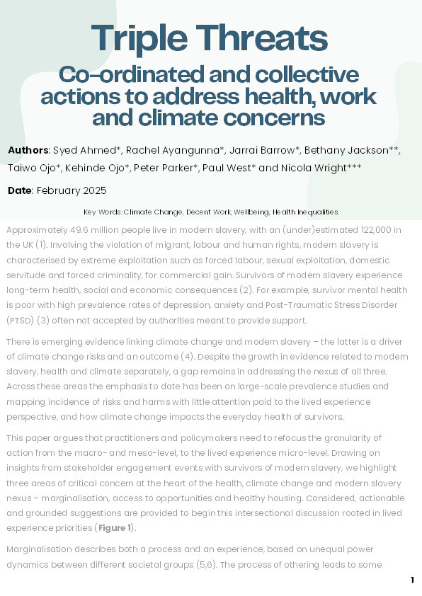 Triple Threats: Co-ordinated and collective actions to address health, work and climate concerns Thumbnail