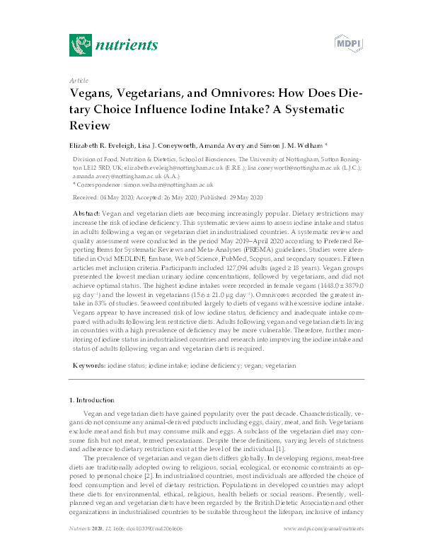 Vegans, Vegetarians, and Omnivores: How Does Dietary Choice Influence Iodine Intake? A Systematic Review Thumbnail