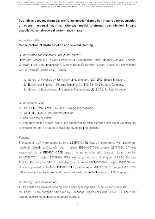 Too little and too much: medial prefrontal functional inhibition impairs early acquisition of operant reversal learning, whereas medial prefrontal disinhibition impairs established serial-reversal performance in rats Thumbnail