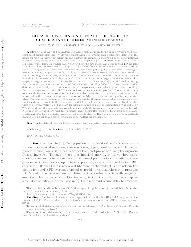 Delayed Reaction Kinetics and the Stability of Spikes in the Gierer--Meinhardt Model Thumbnail