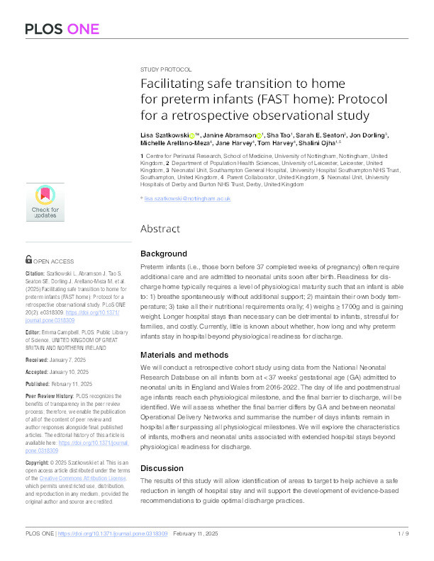 Facilitating safe transition to home for preterm infants (FAST home): Protocol for a retrospective observational study Thumbnail