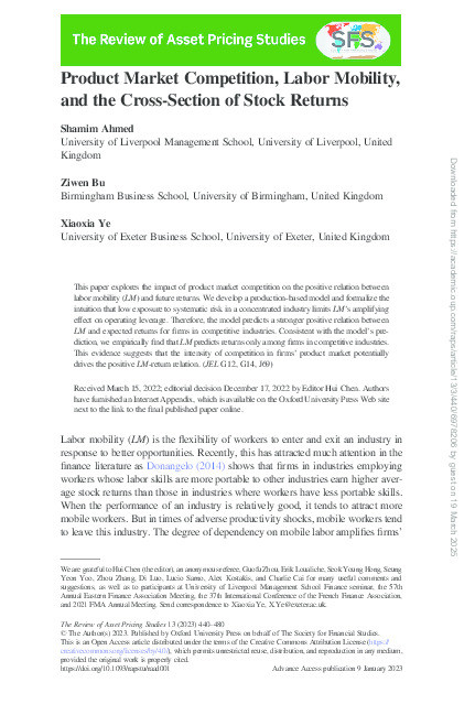 Product Market Competition, Labor Mobility, and the Cross-Section of Stock Returns Thumbnail