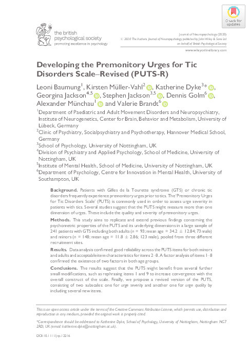 Developing the Premonitory Urges for Tic Disorders Scale–Revised (PUTS-R) Thumbnail