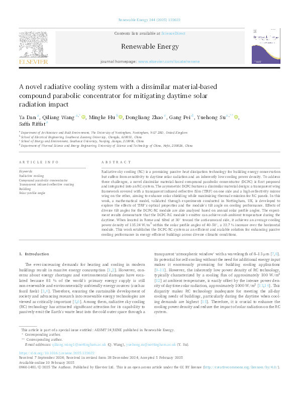 A novel radiative cooling system with a dissimilar material-based compound parabolic concentrator for mitigating daytime solar radiation impact Thumbnail